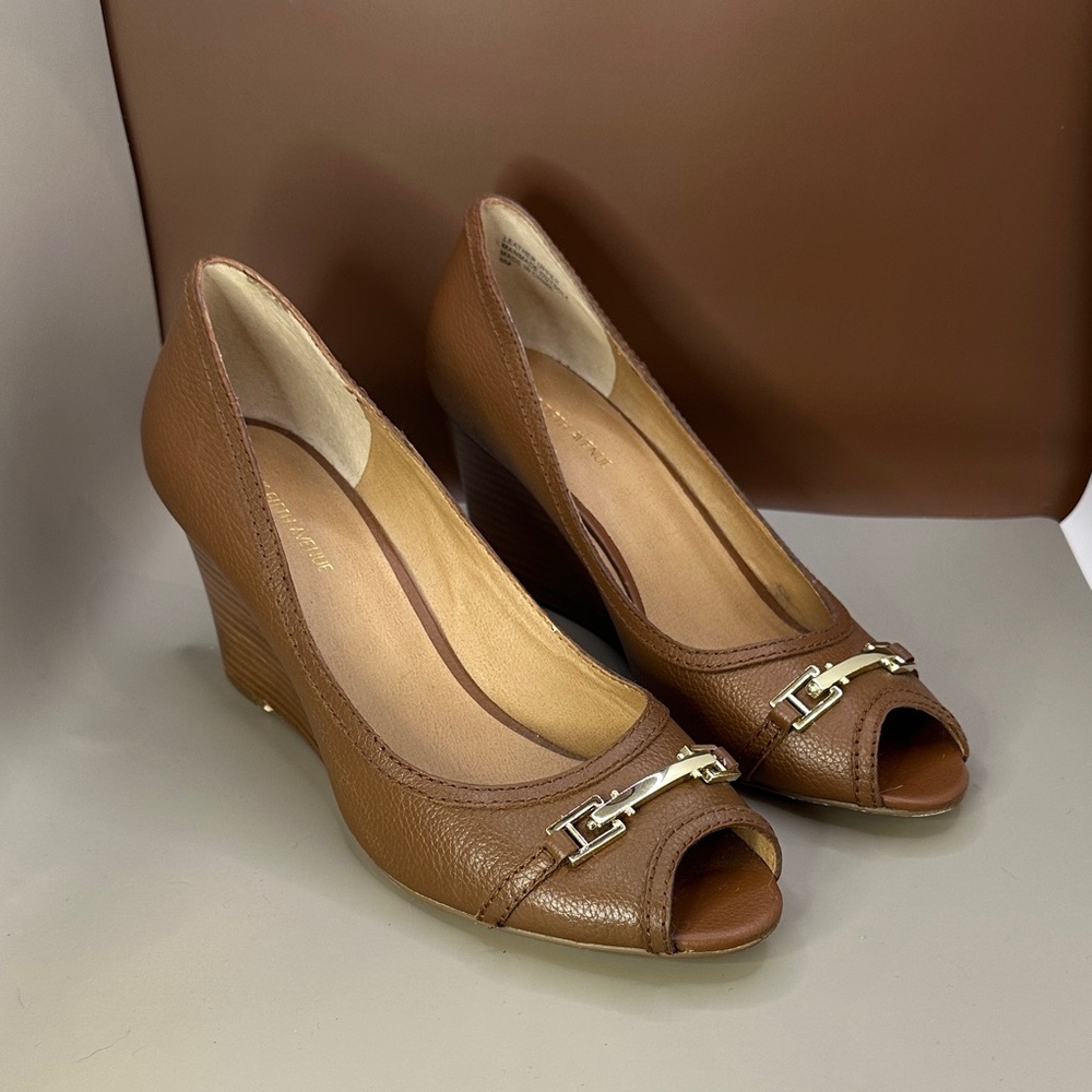 Saks Fifth Avenue Brown Peep-Toe Wedges